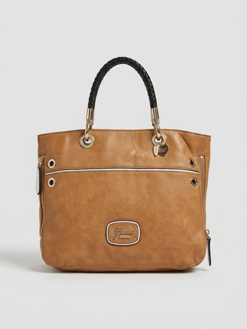 GUESS Tan Tote with Black Braided Top Handle and Gold Hardware